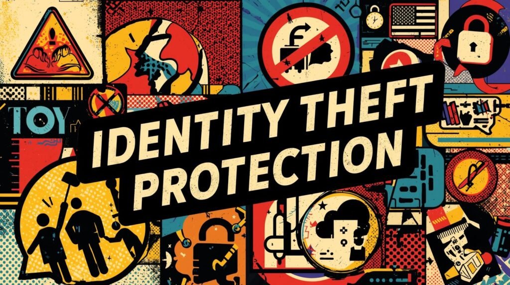 Identity theft protection collage with pop art style, security symbols, and vibrant colors.