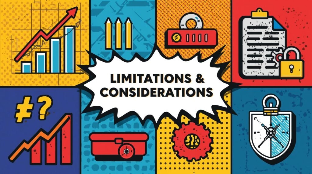 Comic-style illustration on limitations, considerations, planning, security, tools, and decision-making.