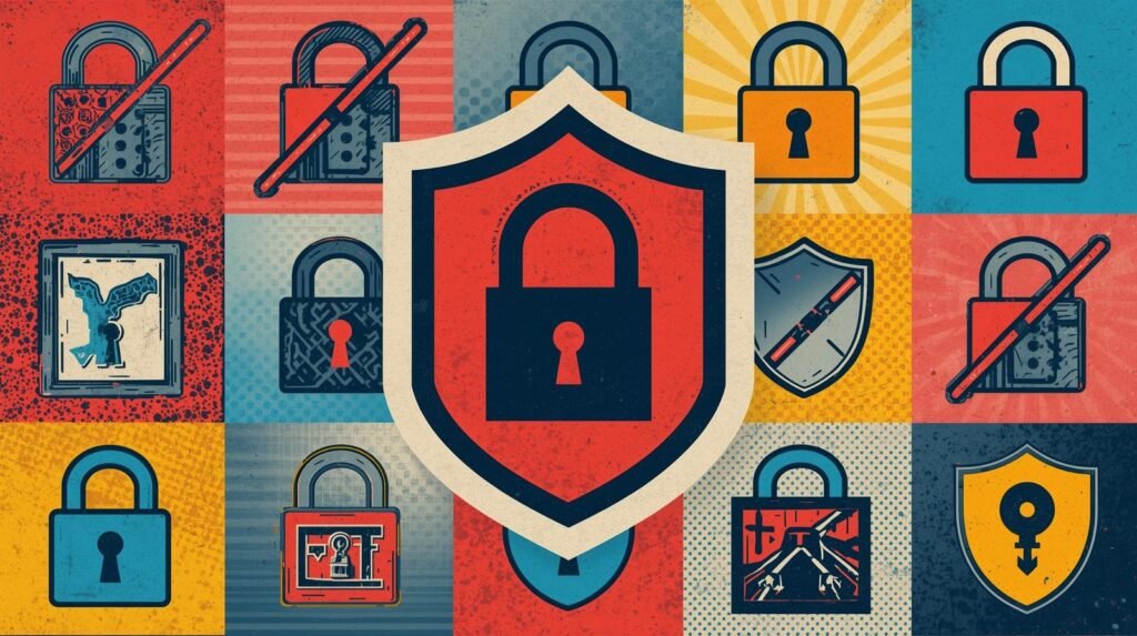 Vintage lock collage featuring colorful locks and a central shield symbolizing security.