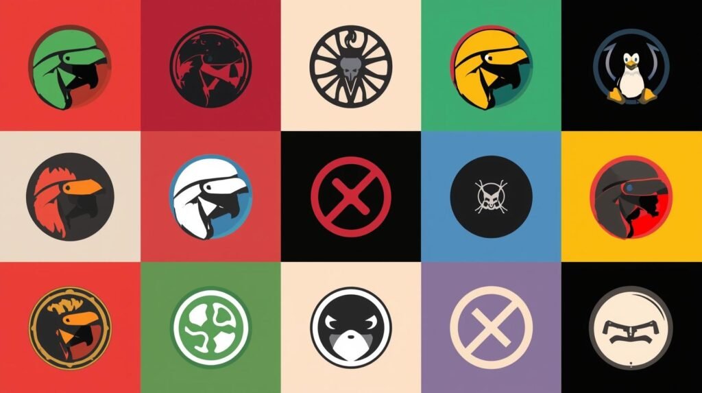 Colorful 4x4 grid of diverse stylized logos, featuring animals and abstract designs.