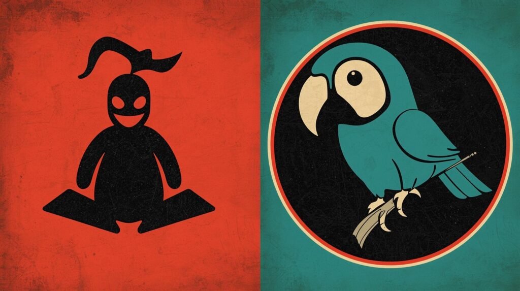 Whimsical silhouette contrasts with vintage parrot on textured red and teal backgrounds.