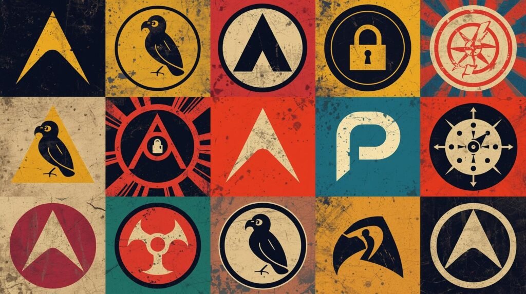 Grid of colorful geometric symbols and logos, resembling retro fictional insignias.