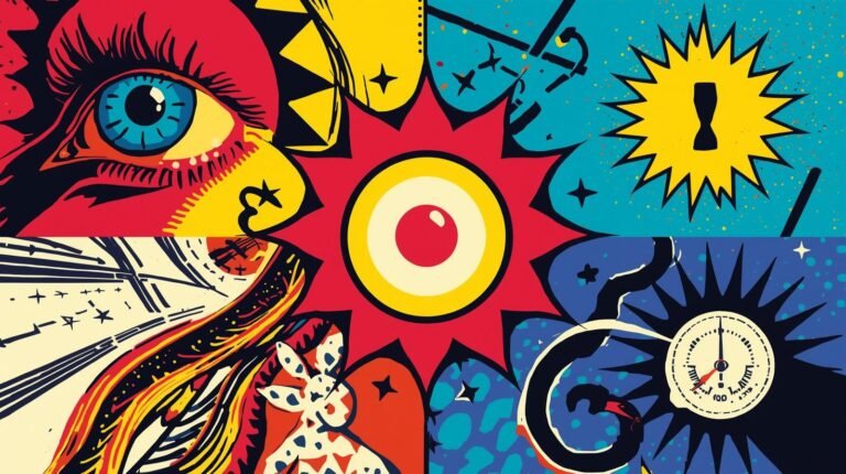 Abstract pop art collage with colorful eye, cosmic elements, and dynamic shapes.