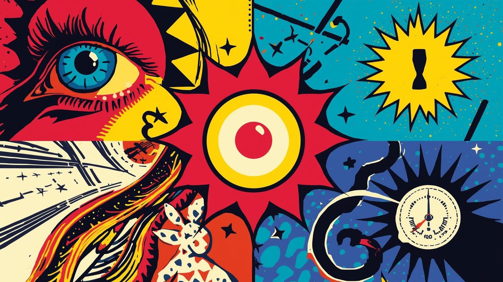 Abstract pop art collage with colorful eye, cosmic elements, and dynamic shapes.