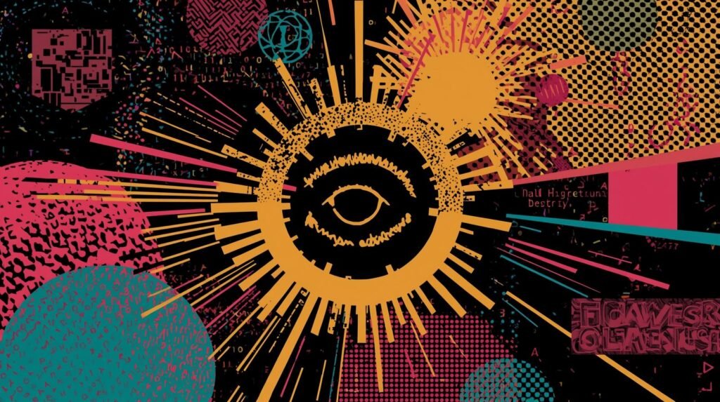 Browser Fingerprinting in Ethical Hacking Labs: How You Get Tracked Without an IP 🧠 4 Abstract eye art with vibrant colors, digital symbols, and radiating patterns on dark background.