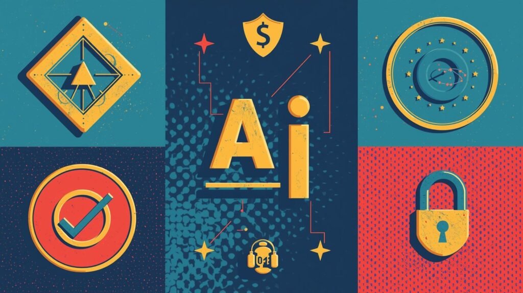 AI financial security illustration with vibrant symbols, including shield, lock, and atomic designs.