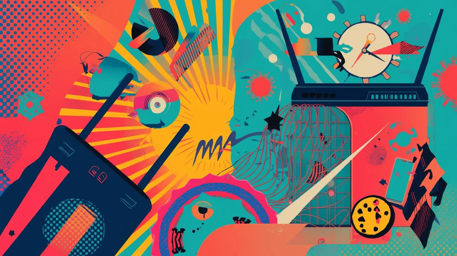 Vivid abstract explosion of colors, tech elements, and dynamic shapes with a chaotic energy.