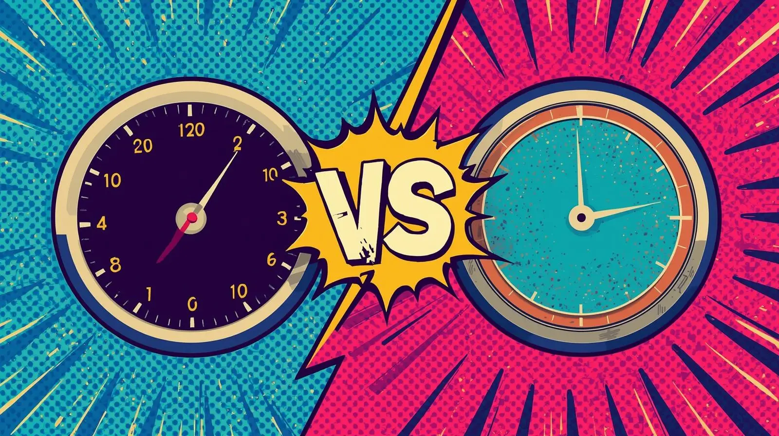 Speedometer vs clock: dynamic comic-style illustration of time and speed confrontation.