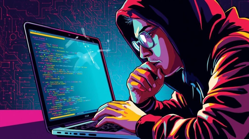 Hooded individual intensely coding on laptop, surrounded by digital circuit patterns and vibrant colors.