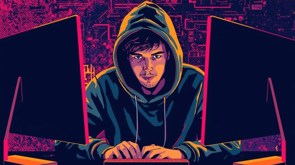 Hacker in hoodie coding on dual monitors with cybernetic background.