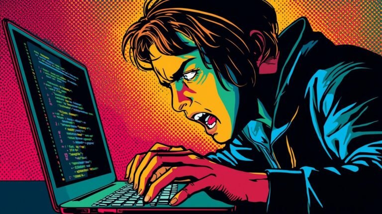 Comic-style illustration of programmer intensely coding on laptop with vibrant colors and dynamic pose.