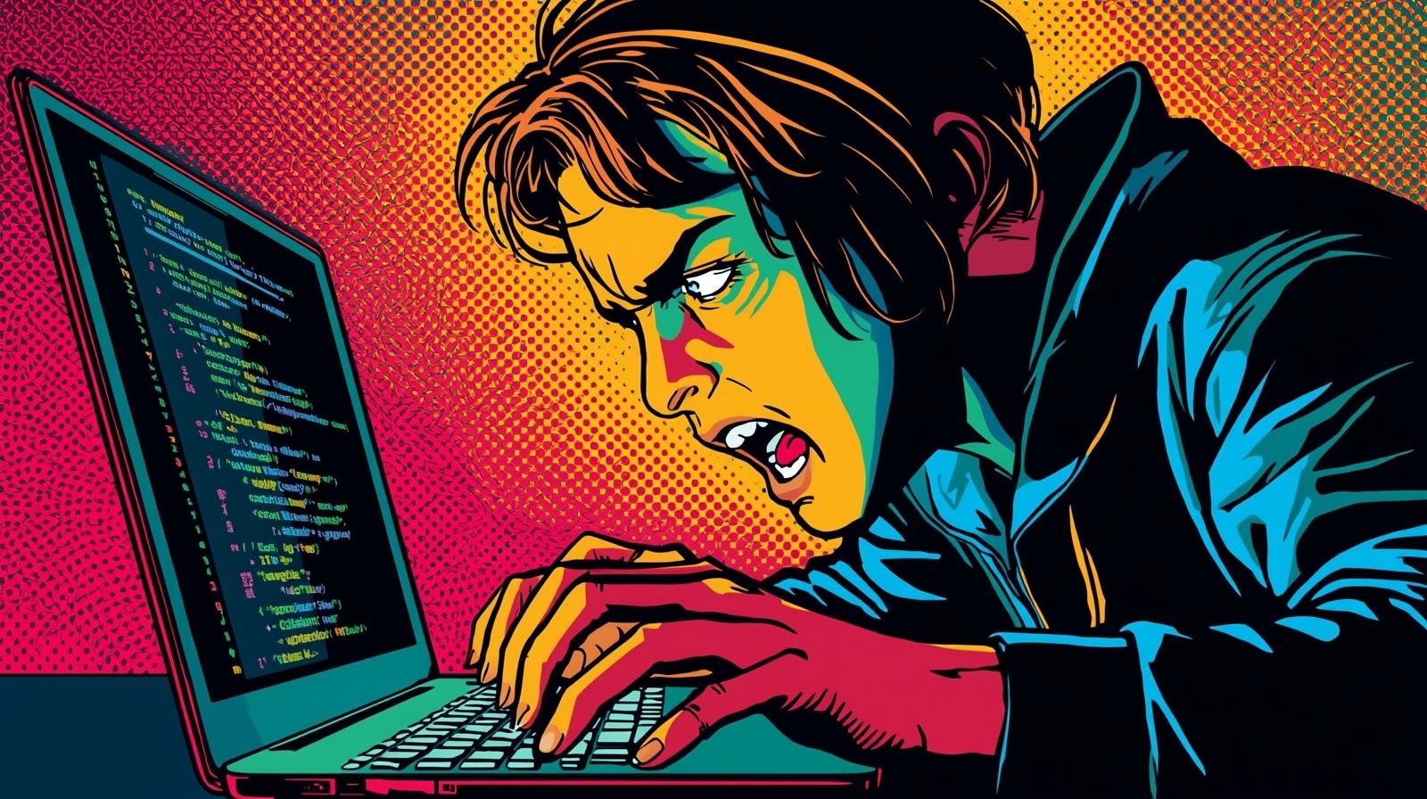 Comic-style illustration of programmer intensely coding on laptop with vibrant colors and dynamic pose.