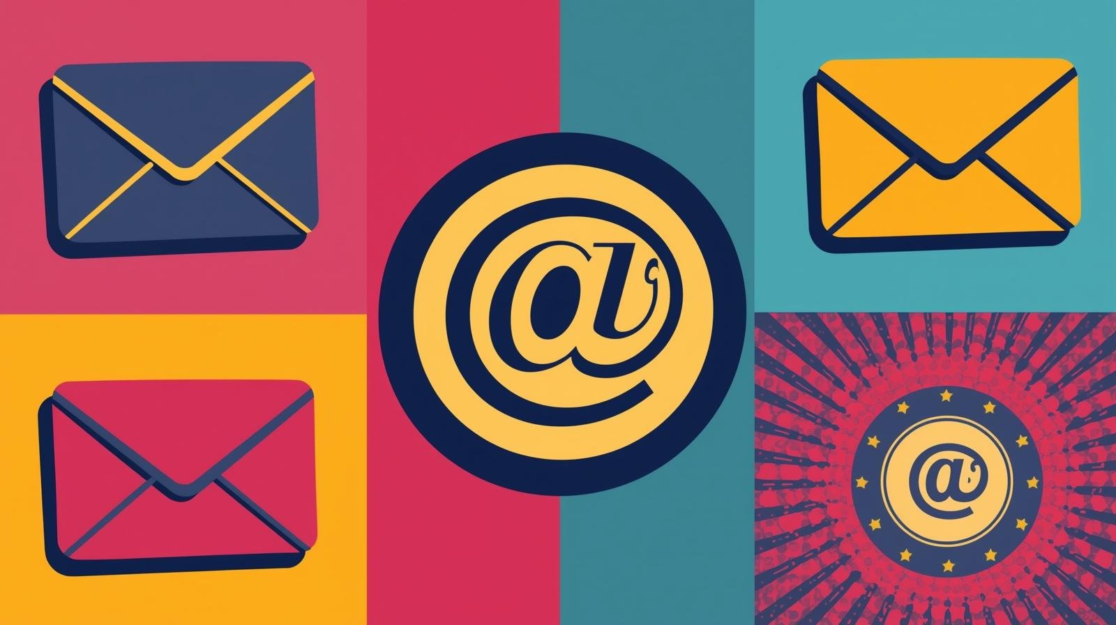 Colorful collage of envelopes and @ symbols representing digital communication.