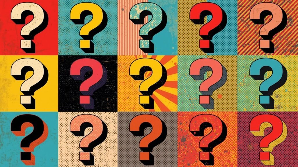 Colorful pop art grid of question marks showcasing diverse patterns and vibrant color schemes.