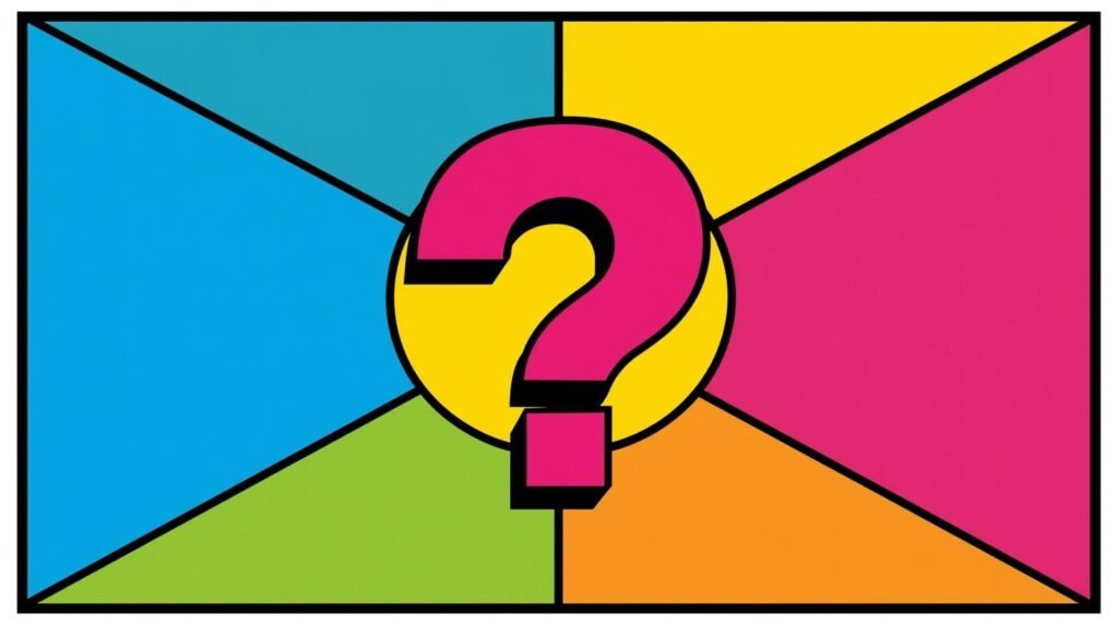 Colorful question mark on multicolored background with yellow, blue, green, and orange sections.