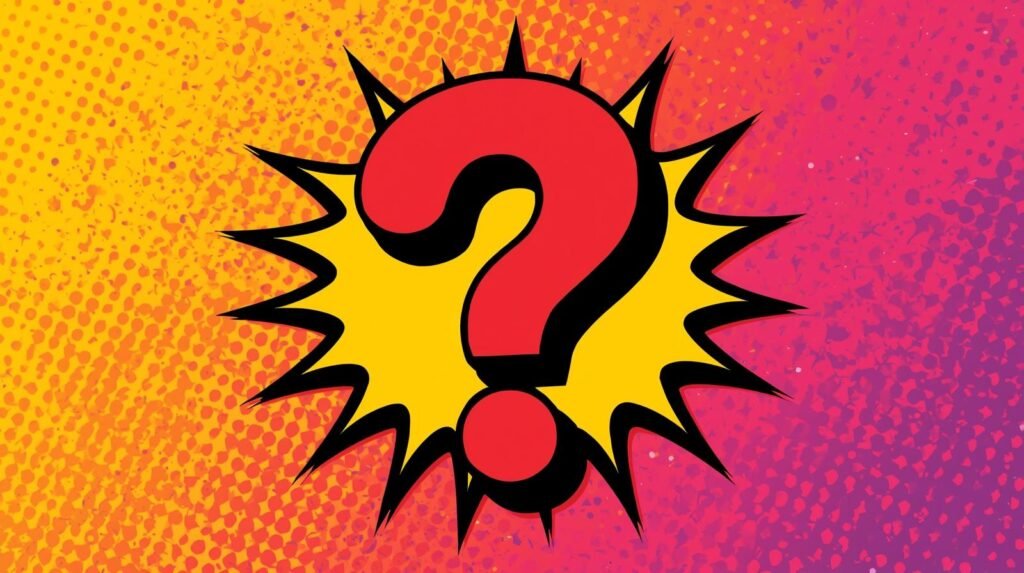 Pop art question mark with vibrant colors and comic book starburst background.