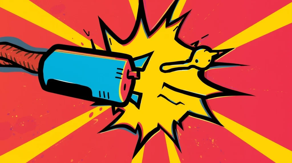 Comic-style explosion art: dramatic mallet impact with vibrant colors and expressive faces.