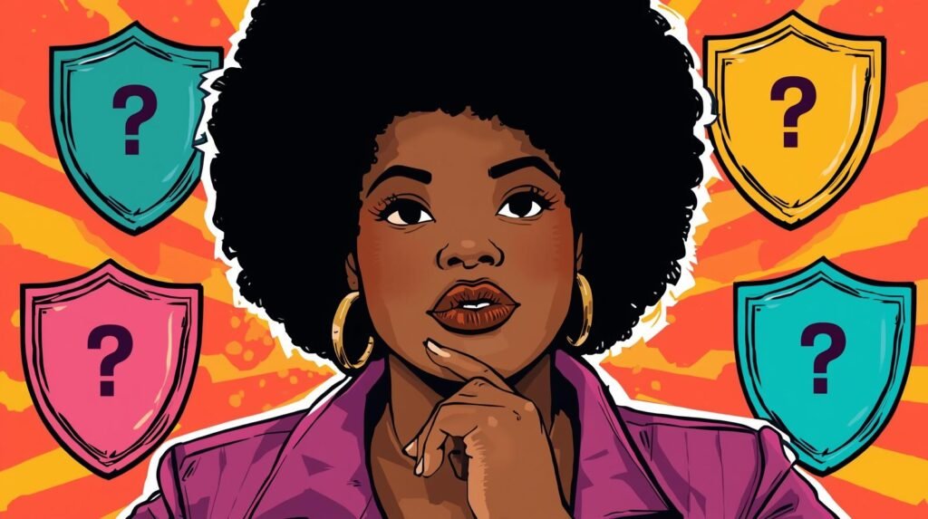 Thoughtful woman with afro, vibrant colors, question-mark shields, dynamic pop art style.