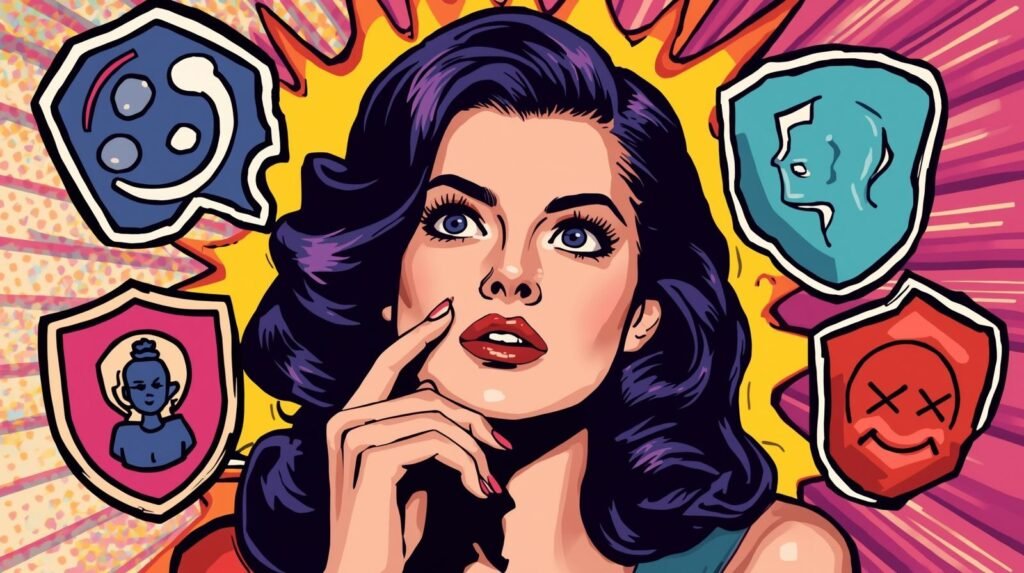 Pop art woman contemplating, icons symbolize identity, communication, spirituality, and danger.