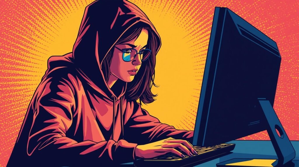 Hacker in hoodie intensely typing at computer with vibrant red-yellow background.