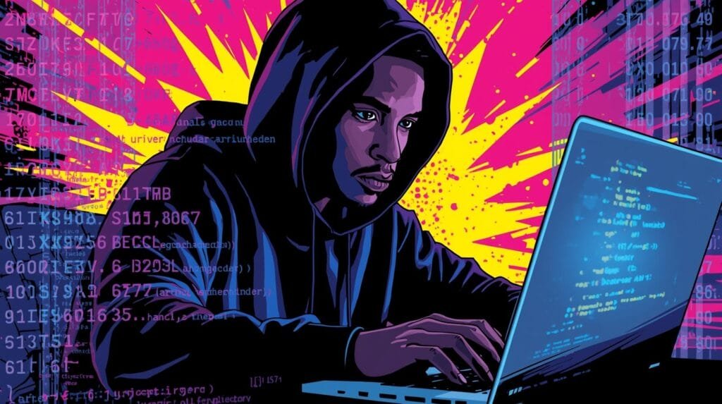 Hacker in dark hoodie coding intensely on laptop with vibrant digital background.