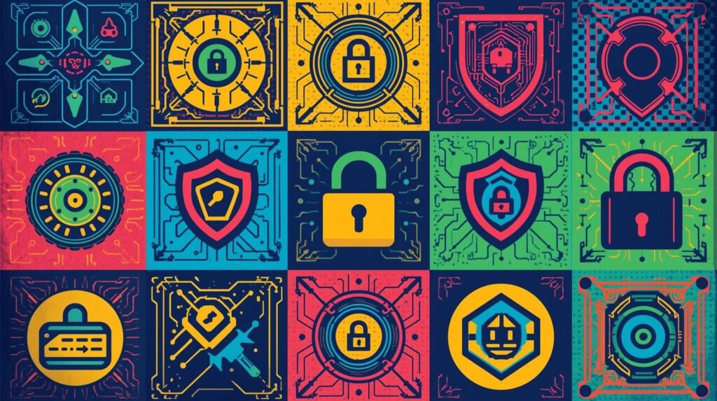 Colorful cyber-themed grid illustrating digital security, with locks, shields, and circuitry patterns.