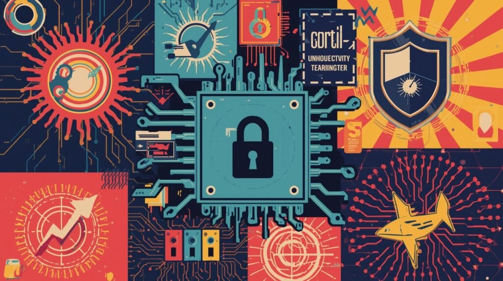 Cybersecurity collage with padlock, circuit lines, shield, and vibrant colors symbolizing digital protection.