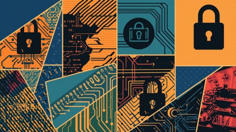 Cybersecurity collage with padlocks, circuit traces, binary code, and vibrant colors.