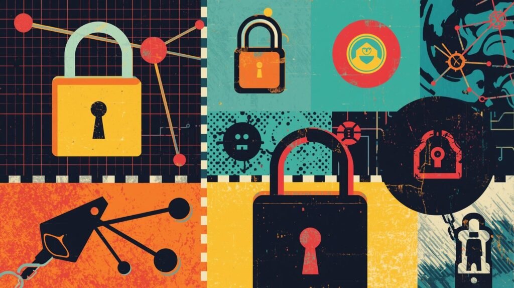 Abstract illustration of cybersecurity icons: padlocks, networks, surveillance camera, and digital protection elements.