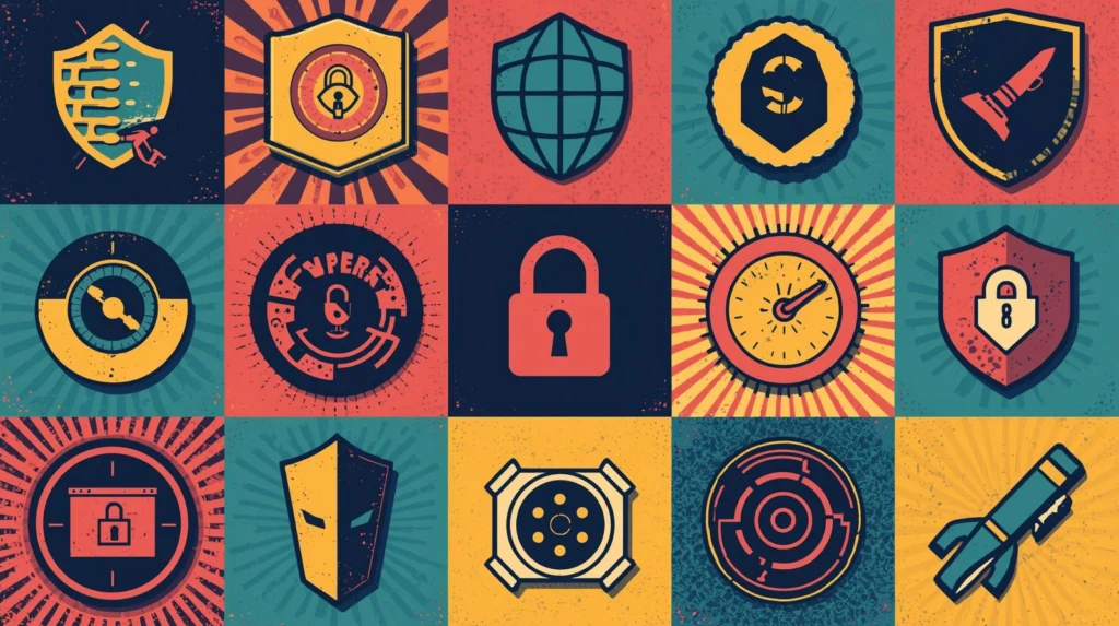 Cybersecurity icons grid featuring shields, locks, and technology symbols in a retro comic style.