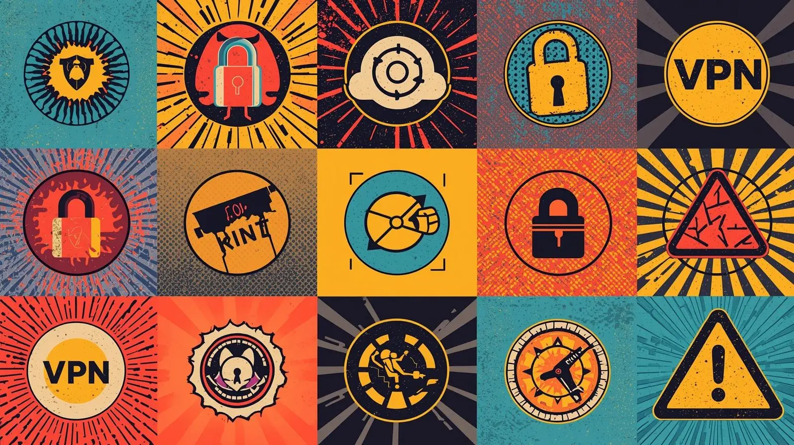 Cybersecurity-themed collage: locks, shields, VPNs, and warning icons in vibrant retro colors.