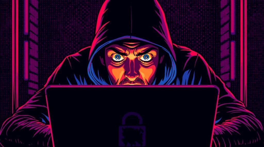 Cyberpunk hacker focused on a laptop, symbolizing cybersecurity and digital secrecy.