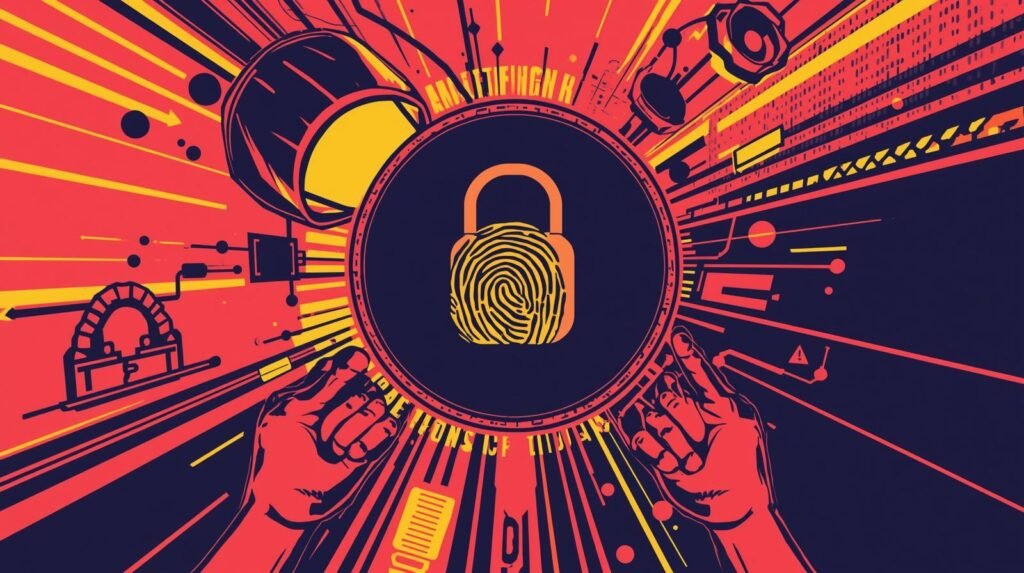 Browser Fingerprinting in Ethical Hacking Labs: How You Get Tracked Without an IP 🧠 6 Abstract digital art depicting biometric padlock, data flow, and human interaction with technology.