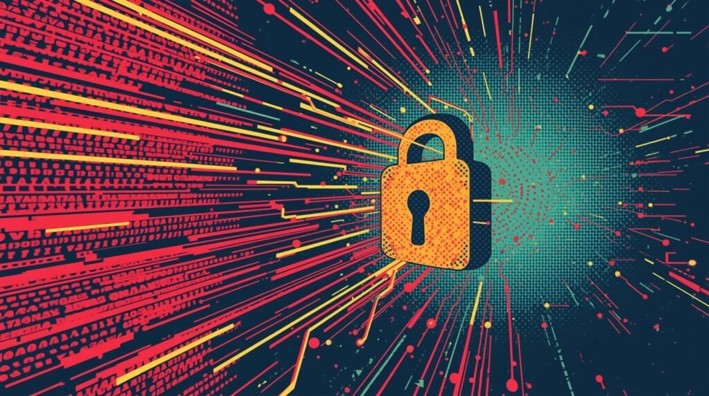 NordVPN on GL.iNet Routers: Real-World Performance, Leaks, and OPSEC Failure Points 😈 4 Digital landscape with orange padlock symbolizing cybersecurity amidst colorful data flow.