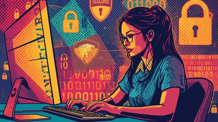 Woman at computer in cybersecurity setting with digital symbols, focused and professional.