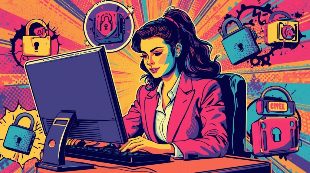 Woman in cybersecurity, vibrant pop art, colorful padlocks, digital security theme.