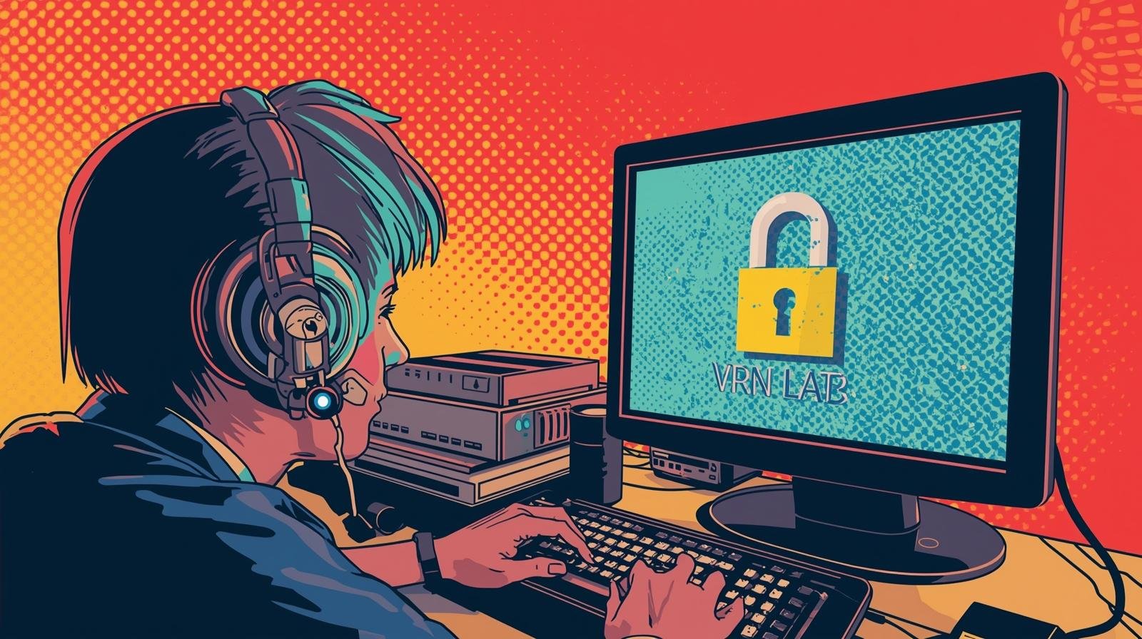 Pop-art scene of tech professional with security focus, featuring bold colors and devices.