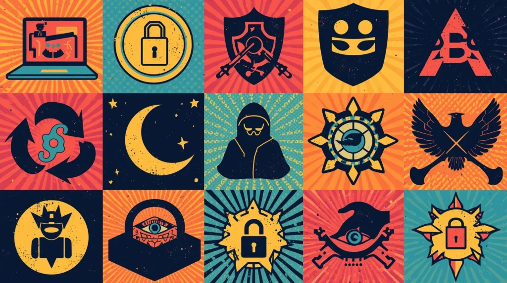 Retro pop art collage of cybersecurity symbols and technology emblems in vibrant colors.