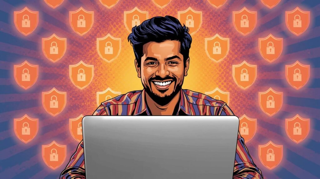Young man smiling with laptop; colorful cybersecurity-themed backdrop with shield and lock icons.