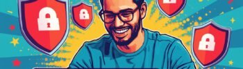 Smiling person using laptop, surrounded by security shield icons, emphasizing cybersecurity and engagement.