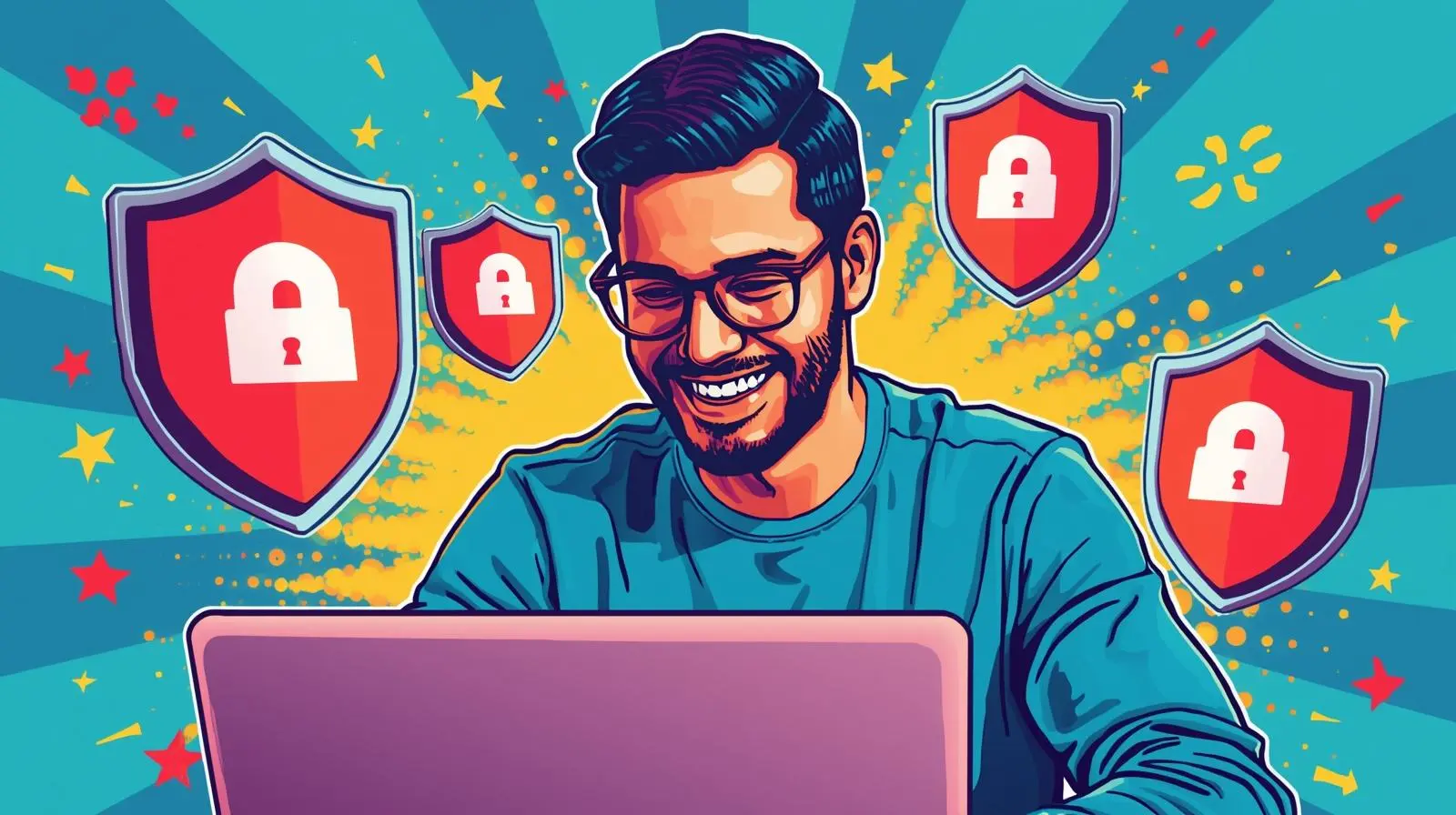 Smiling person using laptop, surrounded by security shield icons, emphasizing cybersecurity and engagement.