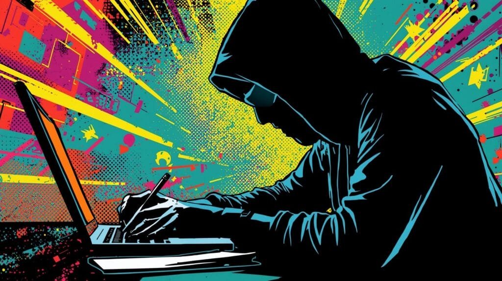 My Beginner Note-Taking System for Hacking Labs 🧠 5 Hacker silhouette with laptop, vibrant graffiti background, digital art, cyber theme.