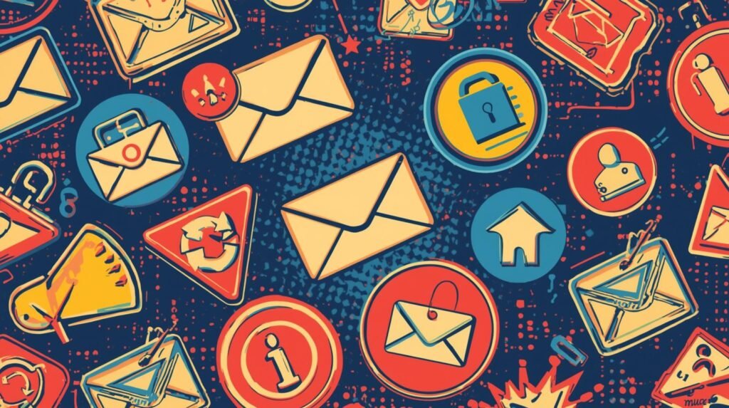 Digital communication icons collage with envelopes, security, connectivity, and alert symbols.