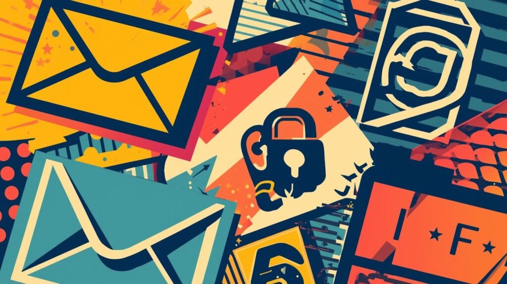 Pop-art collage of communication icons, security symbols, vibrant colors for digital and privacy themes.