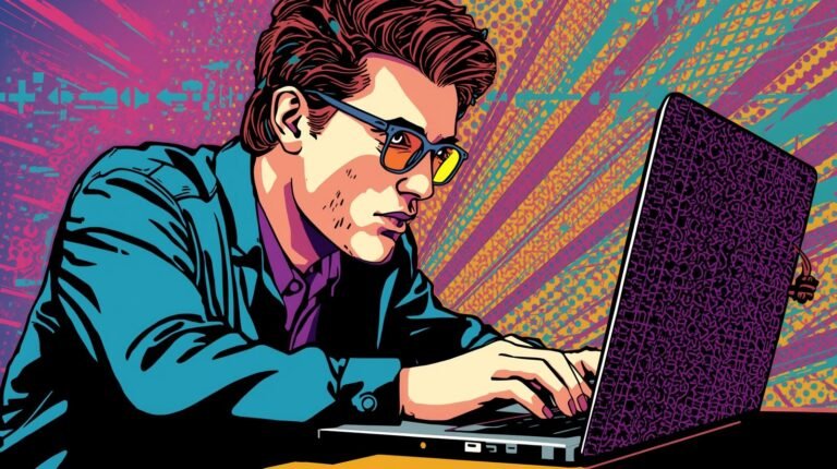 Person in pop art style working intently on a laptop with vibrant geometric background.
