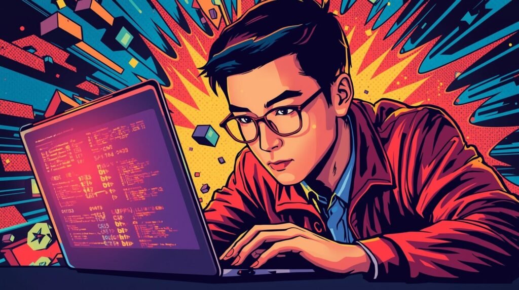 Ethical Hacking Lab Checklist: 10 Critical Safety Checks 🛡️ 5 Young coder focused on laptop, vibrant comic style, dynamic background, technology inspiration.