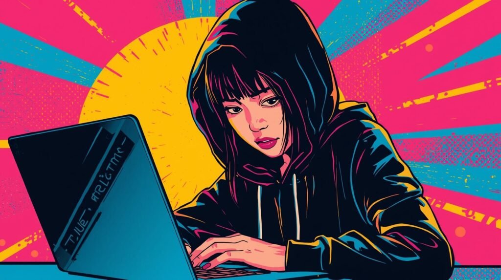 Young person focused on laptop in vibrant pop art style with neon colors.