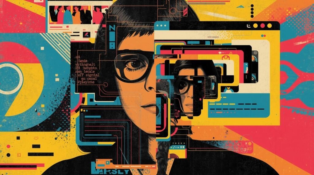 Stylized digital artwork of a womans face, exploring technology and modern identity.