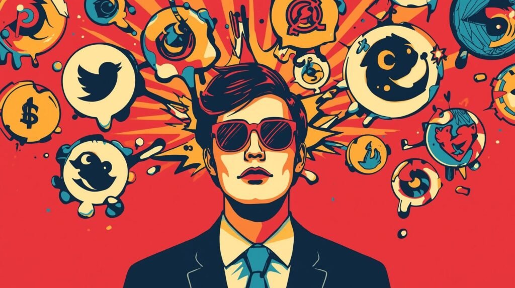 Pop art style digital influencer surrounded by social media icons and vibrant colors.