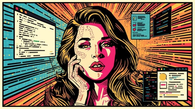 Vibrant pop art woman with tech elements, blending emotion, technology, and modern identity.